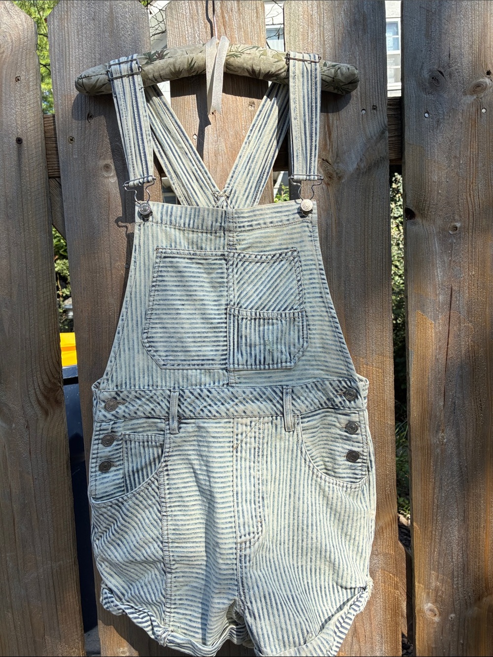 We The Free Light Blue Striped Short Overalls Romper